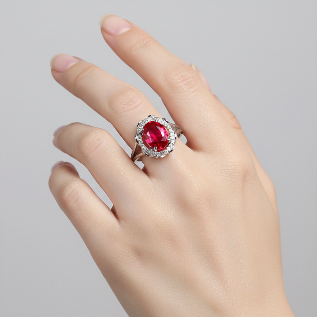 A 9ct White Gold RubyCz Ring.