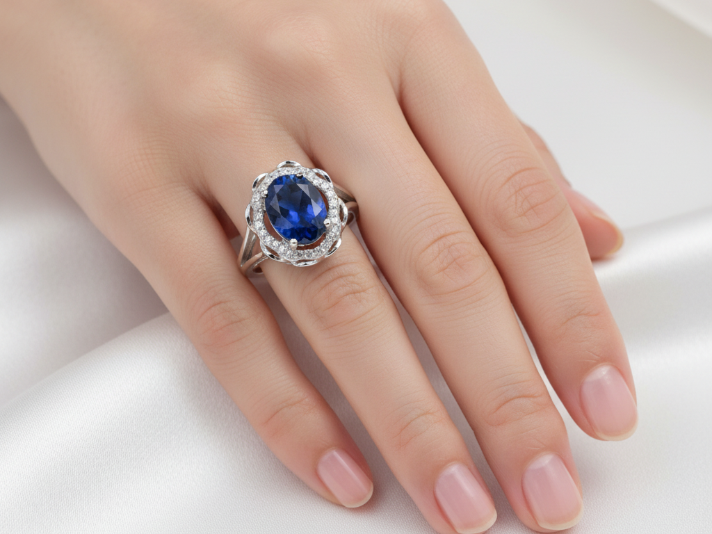 A 9ct White Gold Sapphire Cz Ring.