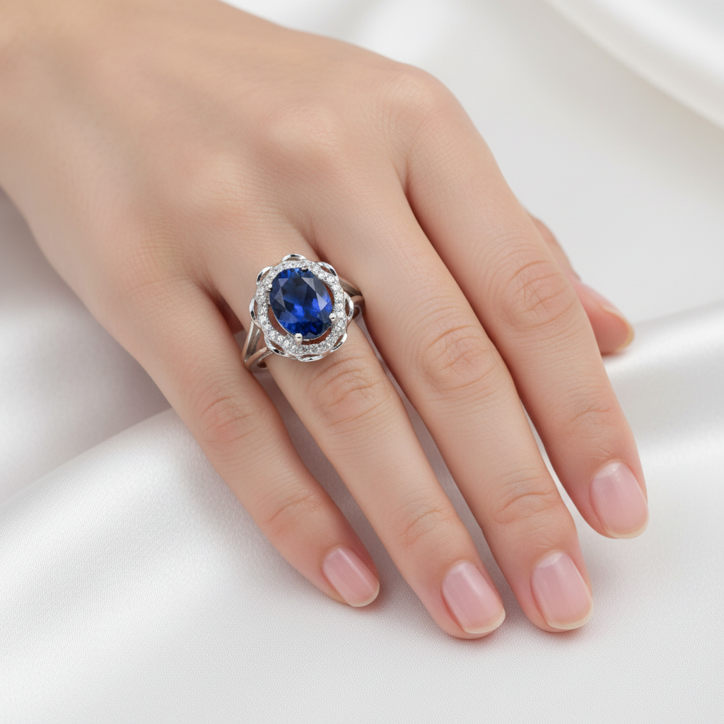 A 9ct White Gold Sapphire Cz Ring.