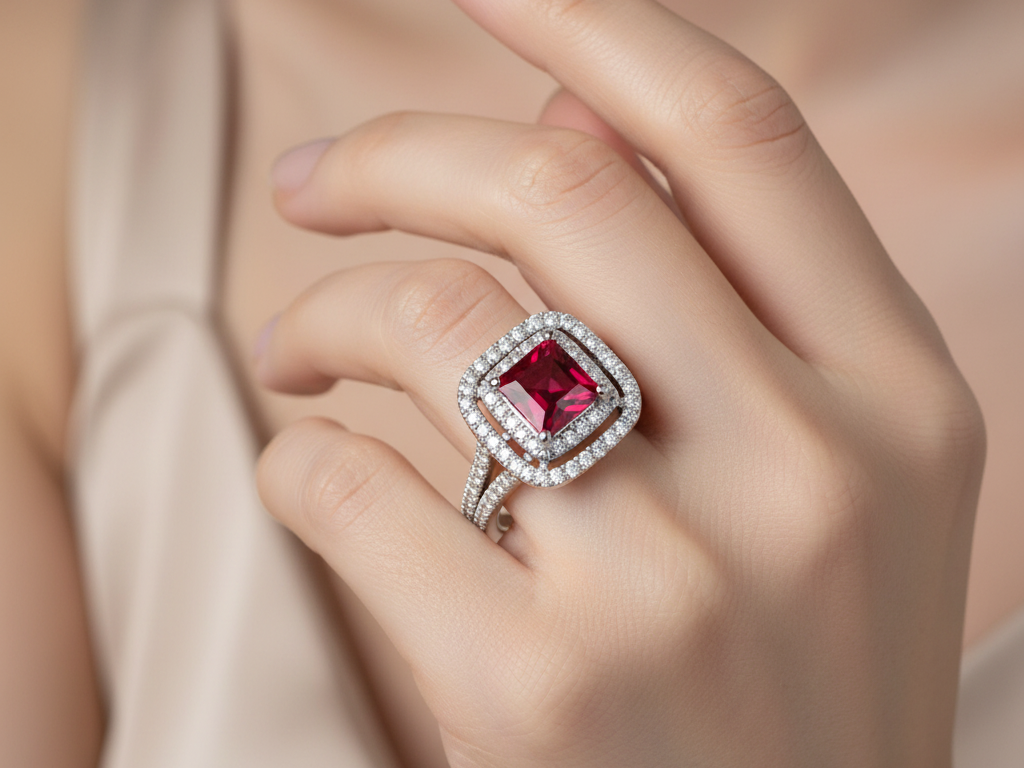 A 9ct White Gold Ruby Cz Ring.