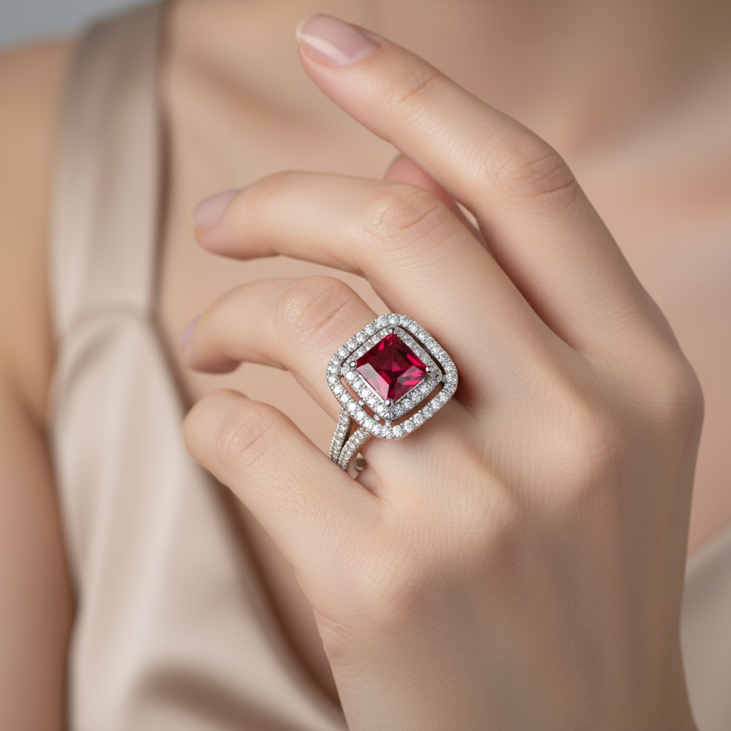 A 9ct White Gold Ruby Cz Ring.