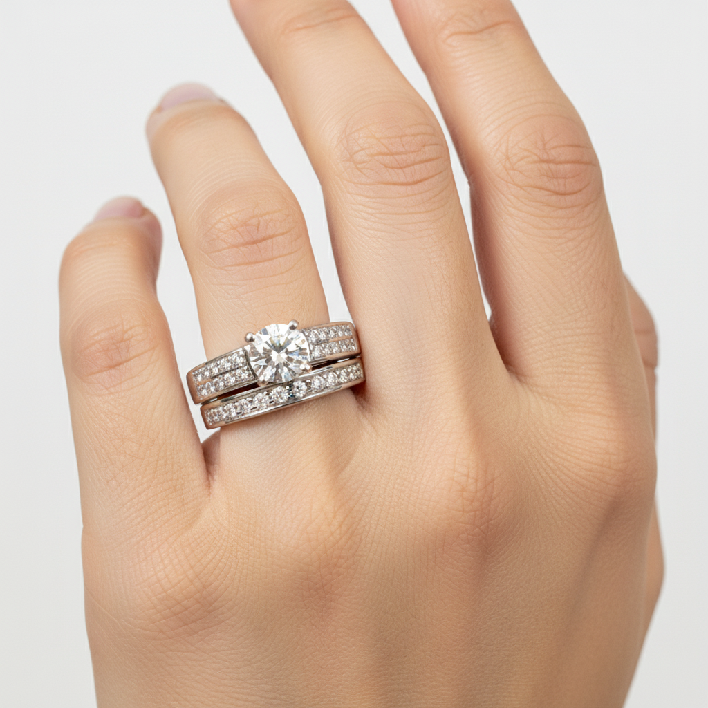 9ct White Gold Cz Ring Set.
