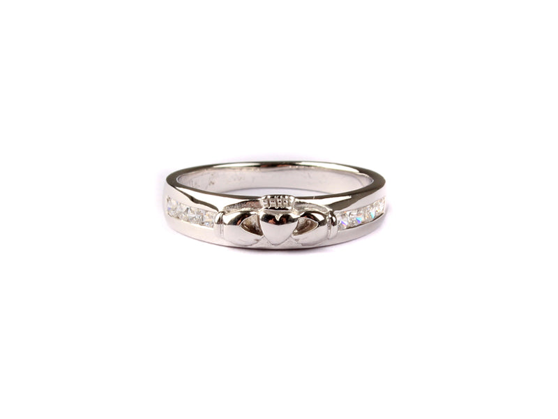 Claddagh Silver Ring with White Cubic Zirconia Stone