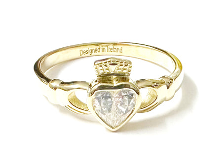 9 CT Yellow Gold White Cz Claddagh Ring