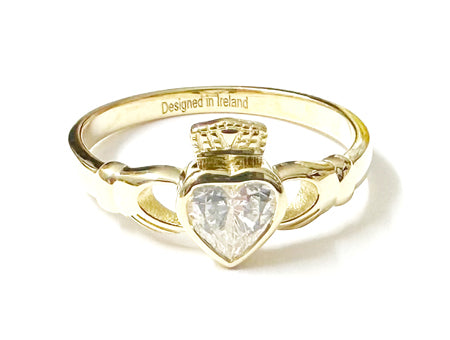 9 CT Yellow Gold White Cz Claddagh Ring