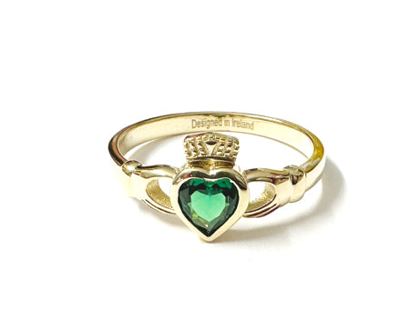 9 CT Yellow Gold Green Cz Claddagh Ring