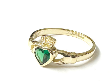 9 CT Yellow Gold Green Cz Claddagh Ring