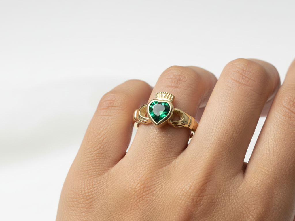 9 CT Yellow Gold Green Cz Claddagh Ring