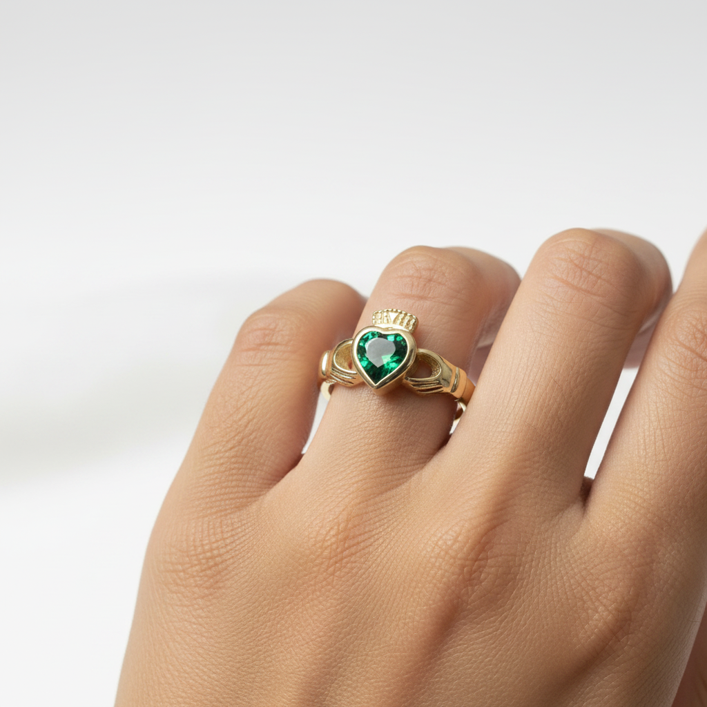 9 CT Yellow Gold Green Cz Claddagh Ring