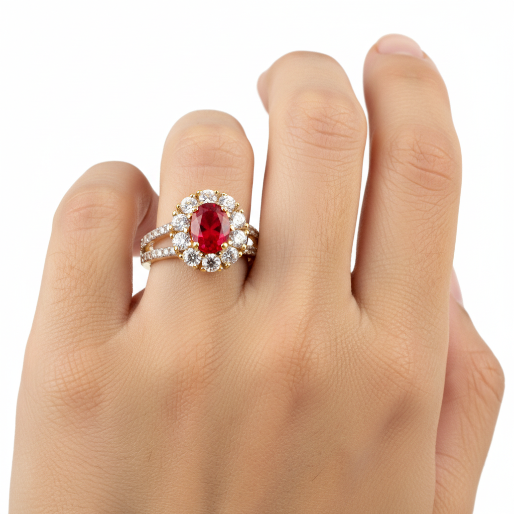 9ct Yellow Gold Ruby Cz Ring.