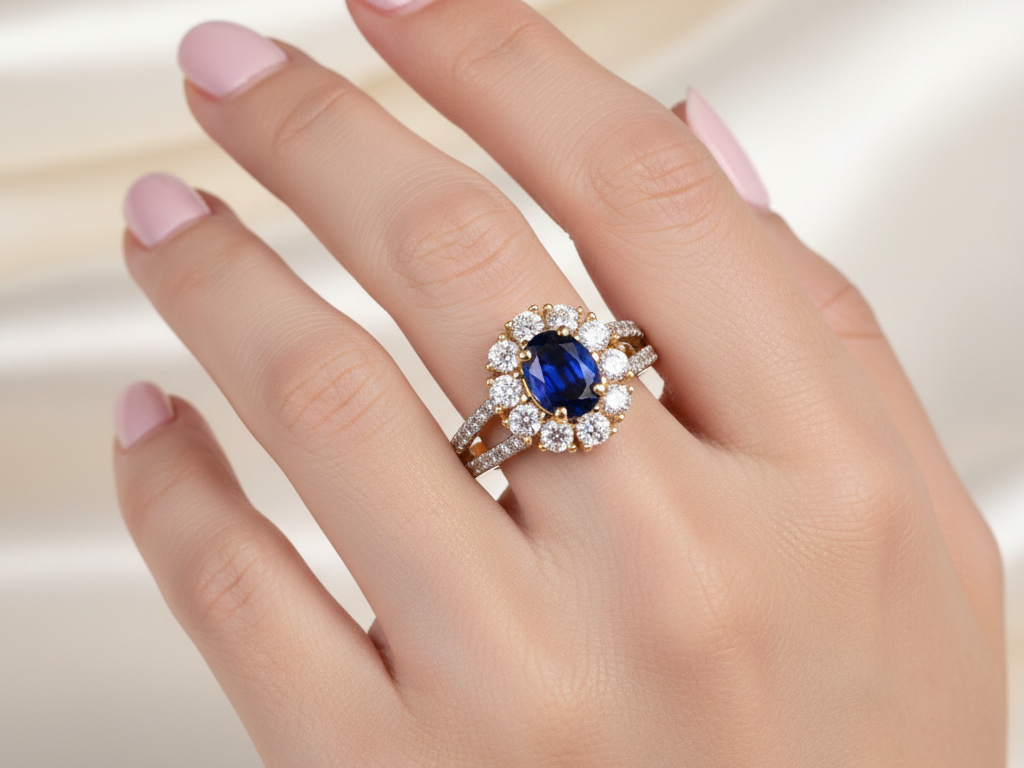 9ct Yellow Gold Sapphire Cz Ring.