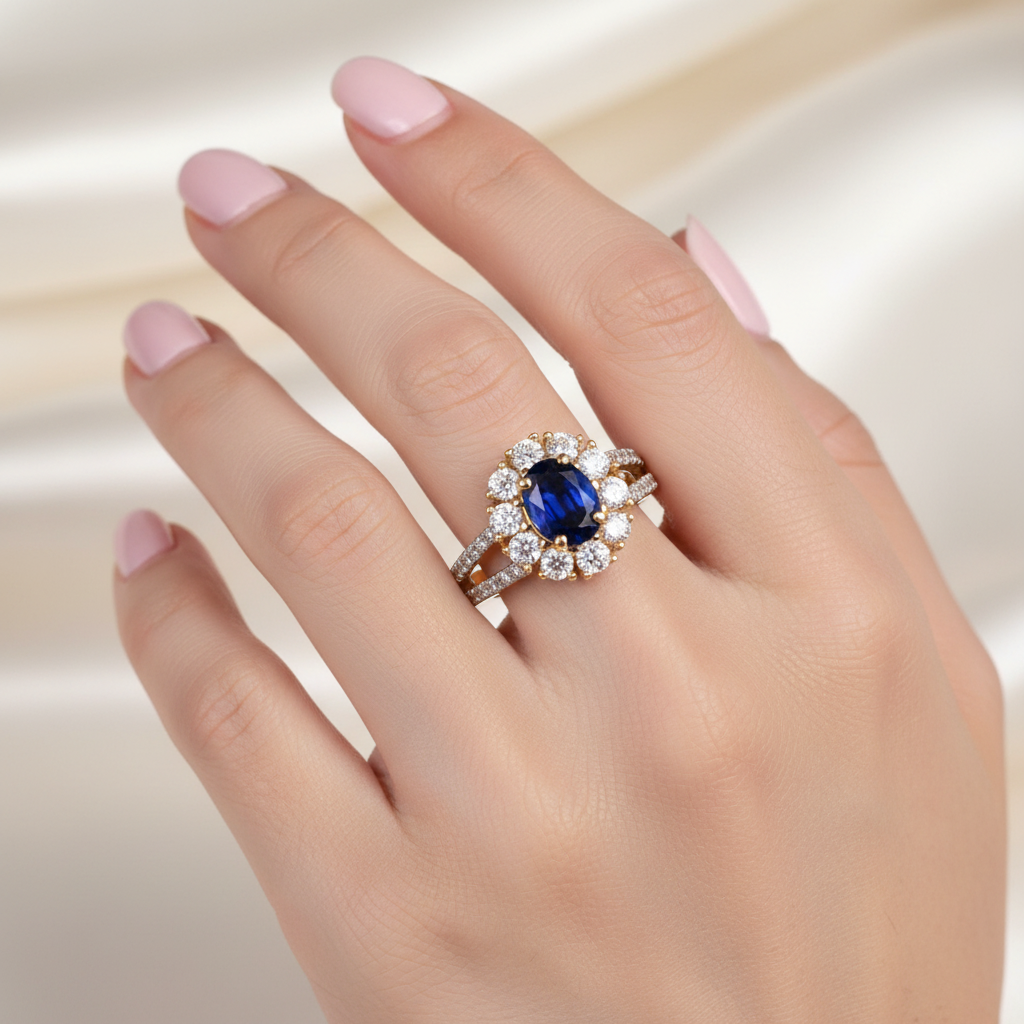 9ct Yellow Gold Sapphire Cz Ring.