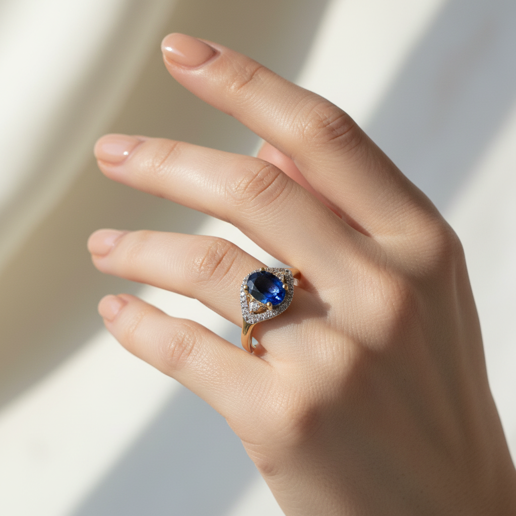 9ct Yellow Gold Sapphire Cz Ring.