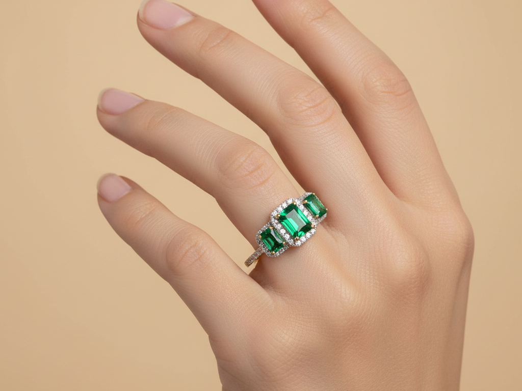 A 9ct Yellow Gold Emerald Cz Ring.