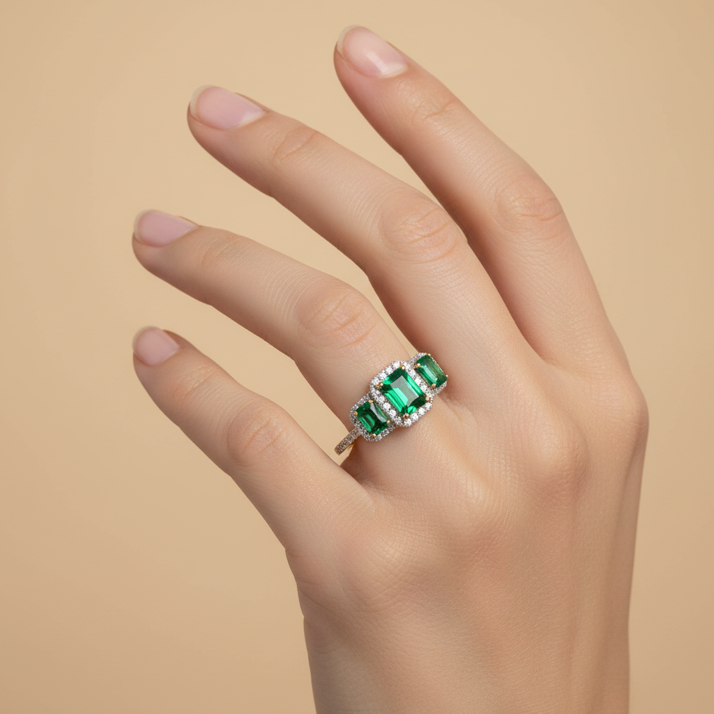 A 9ct Yellow Gold Emerald Cz Ring.