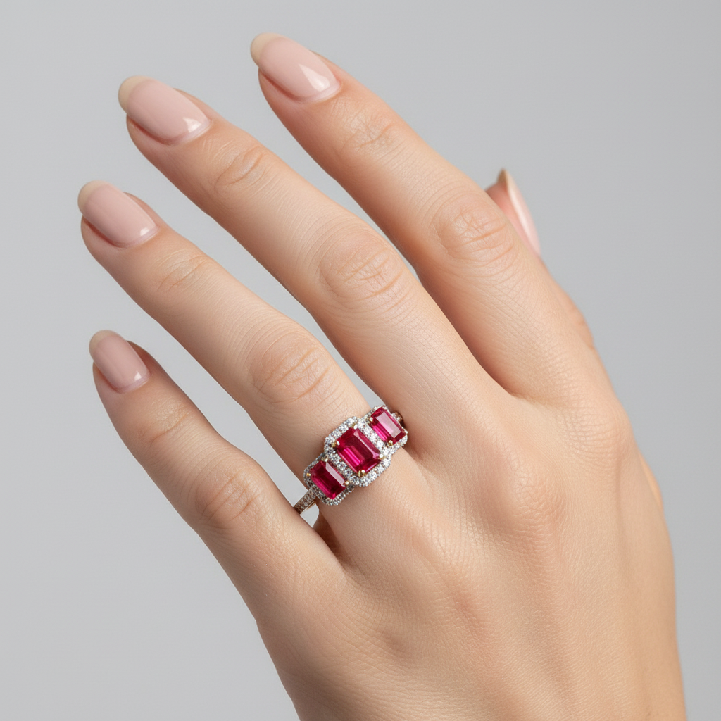 A 9ct Yellow Gold Ruby Cz Ring.