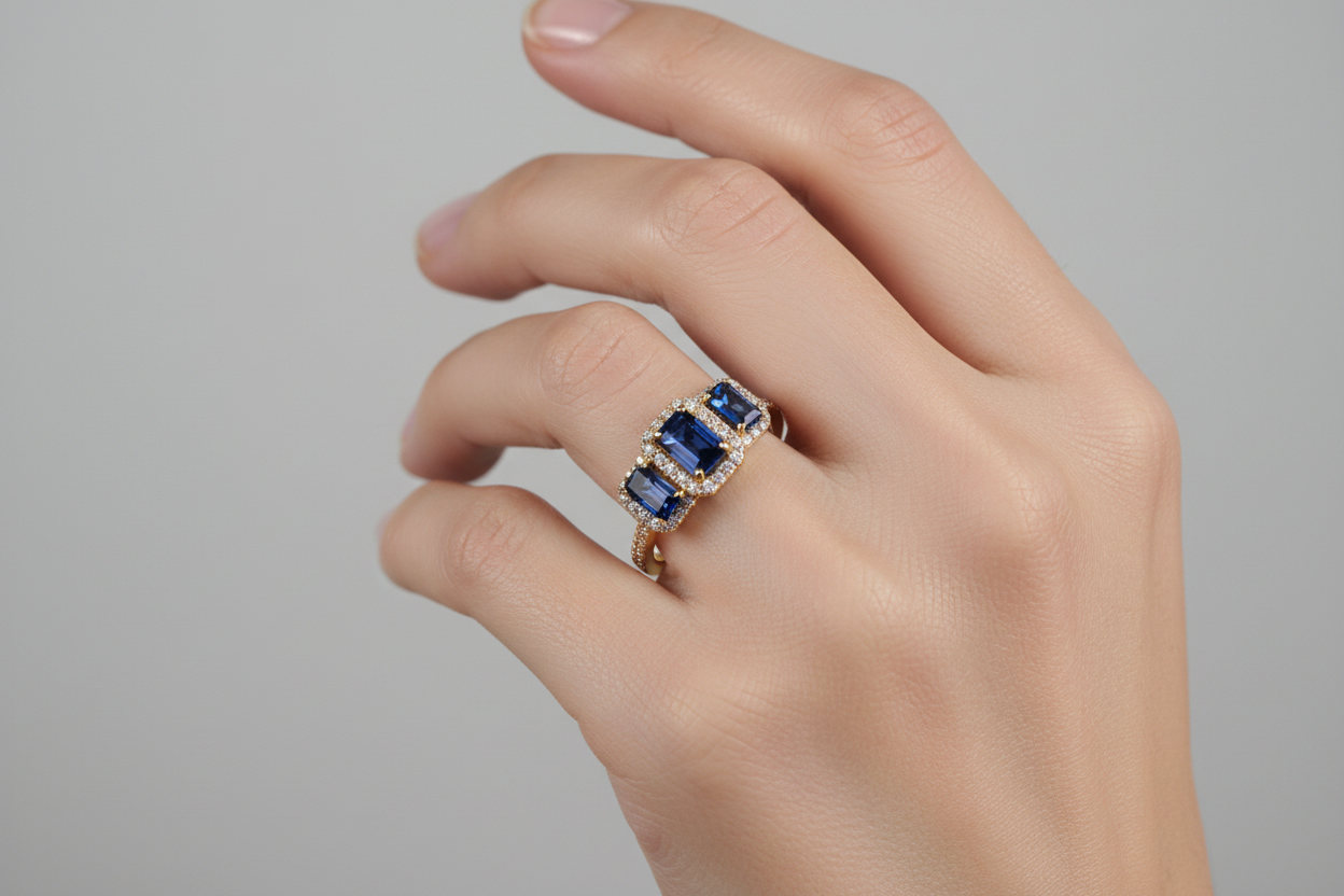 A 9ct Yellow Gold Sapphire Cz Ring.