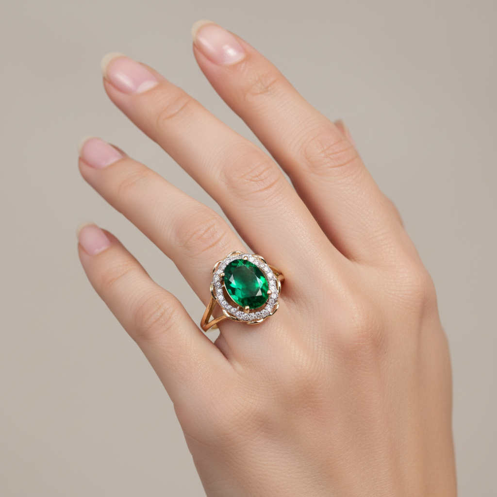 A 9ct Yellow Gold Emerald Cz Ring.