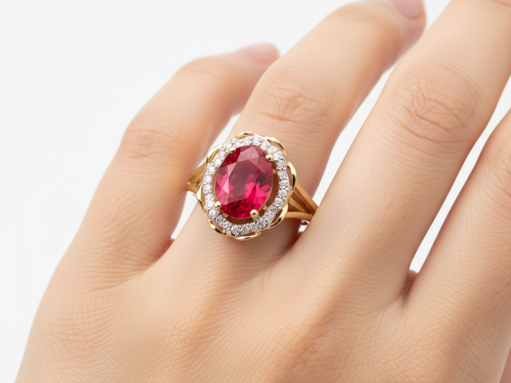 A 9ct Yellow Gold Ruby Cz Ring.