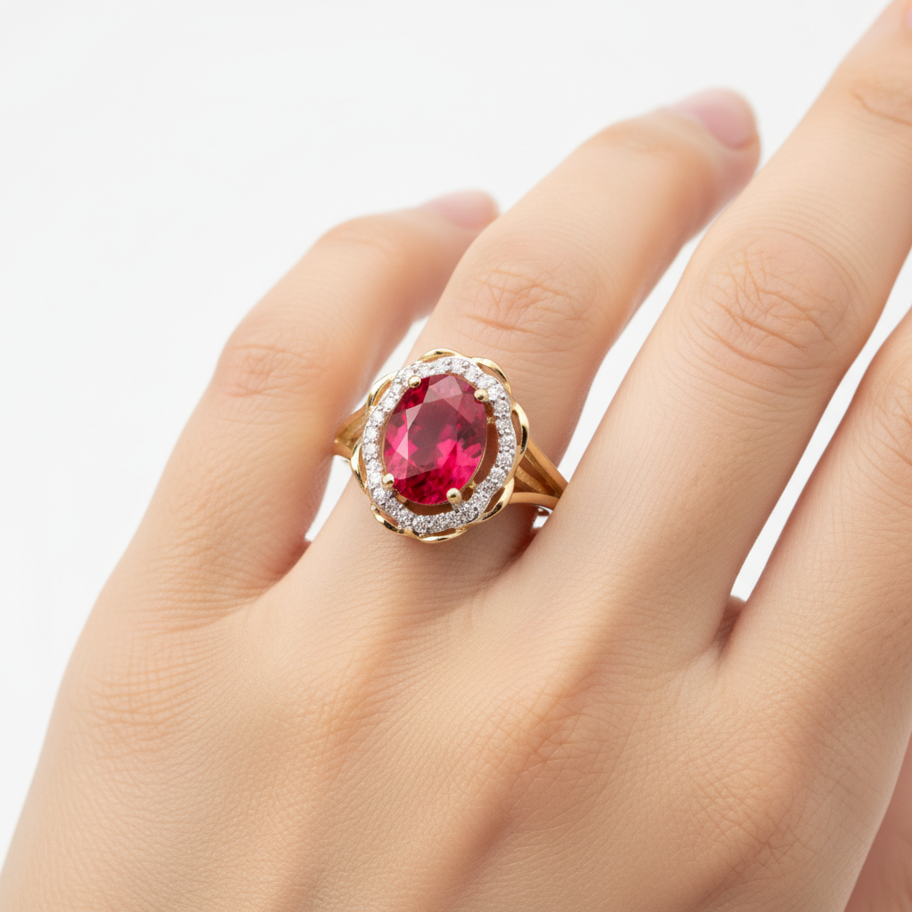 A 9ct Yellow Gold Ruby Cz Ring.