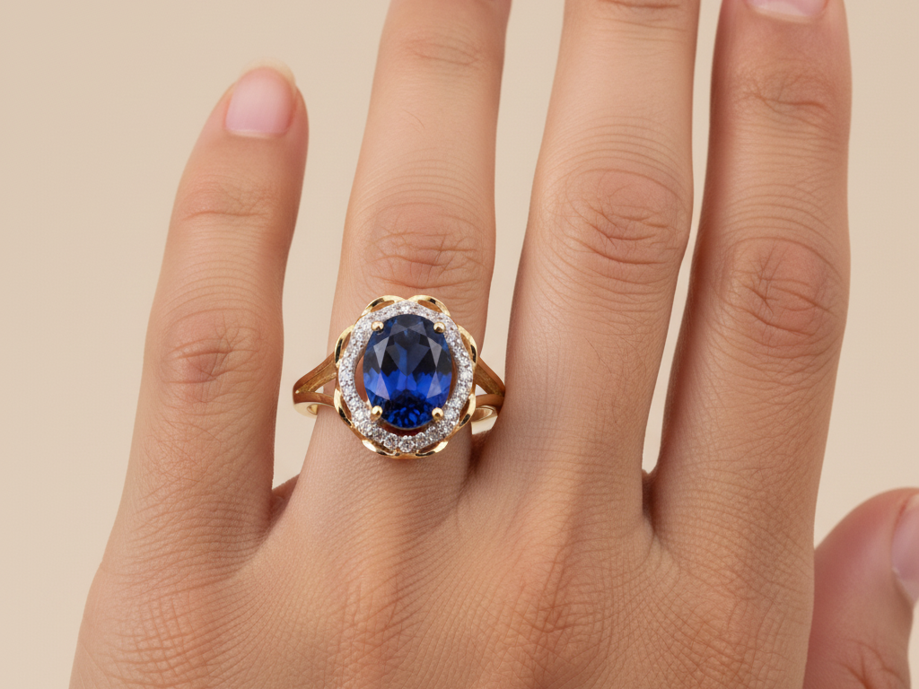 A 9ct Yellow Gold Sapphire Cz Ring.