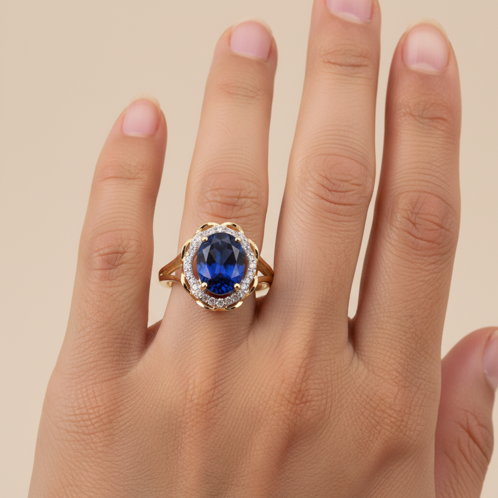 A 9ct Yellow Gold Sapphire Cz Ring.