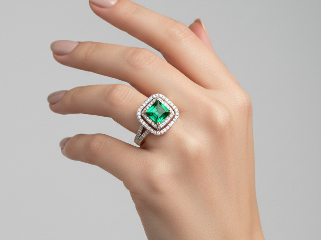A 9ct Yellow Gold Emerald Cz Ring.
