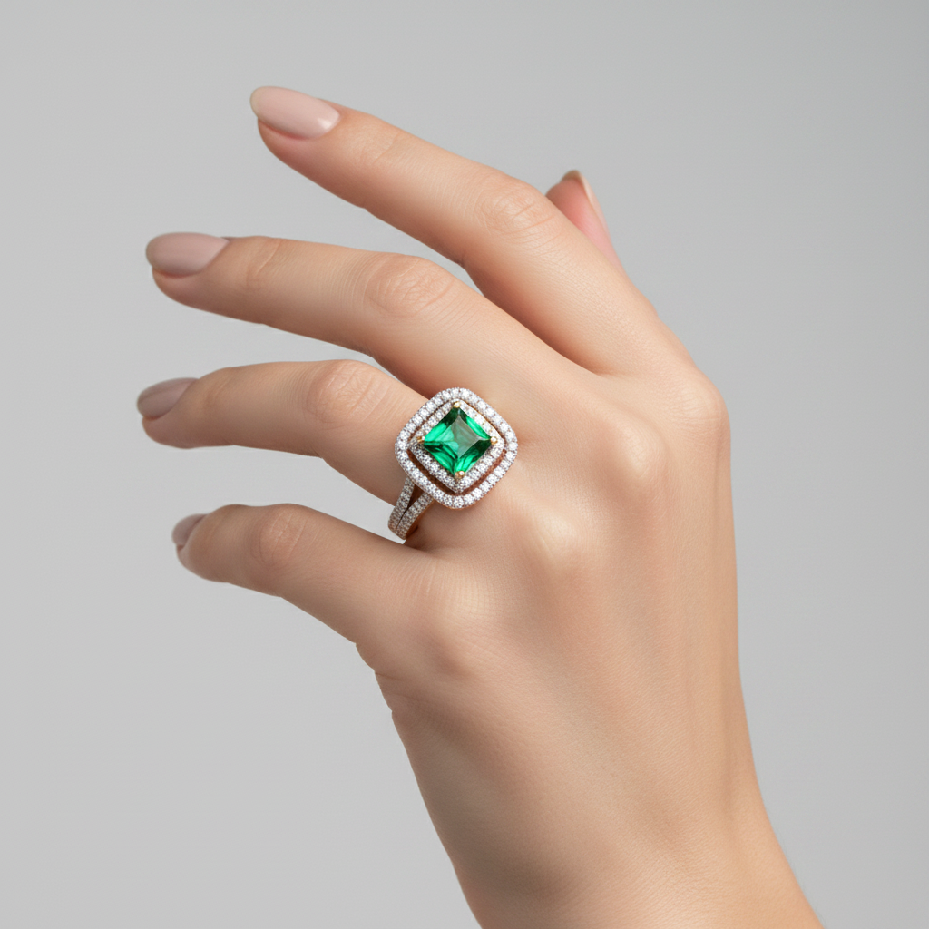 A 9ct Yellow Gold Emerald Cz Ring.