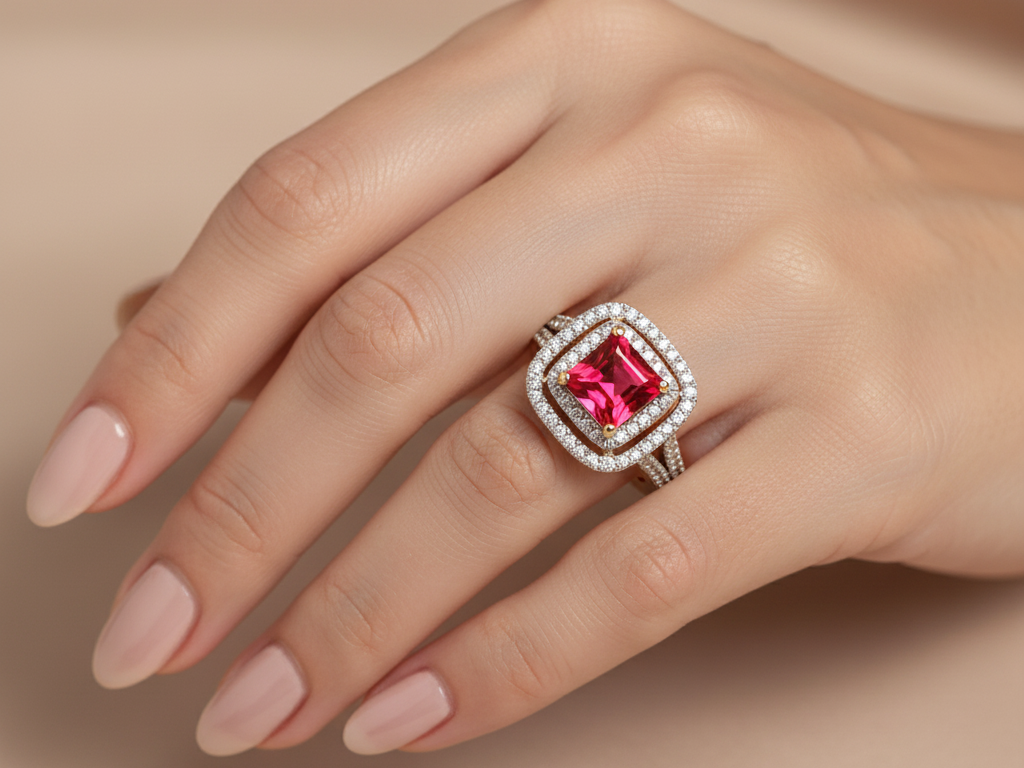 A 9ct Yellow Gold Ruby Cz Ring.