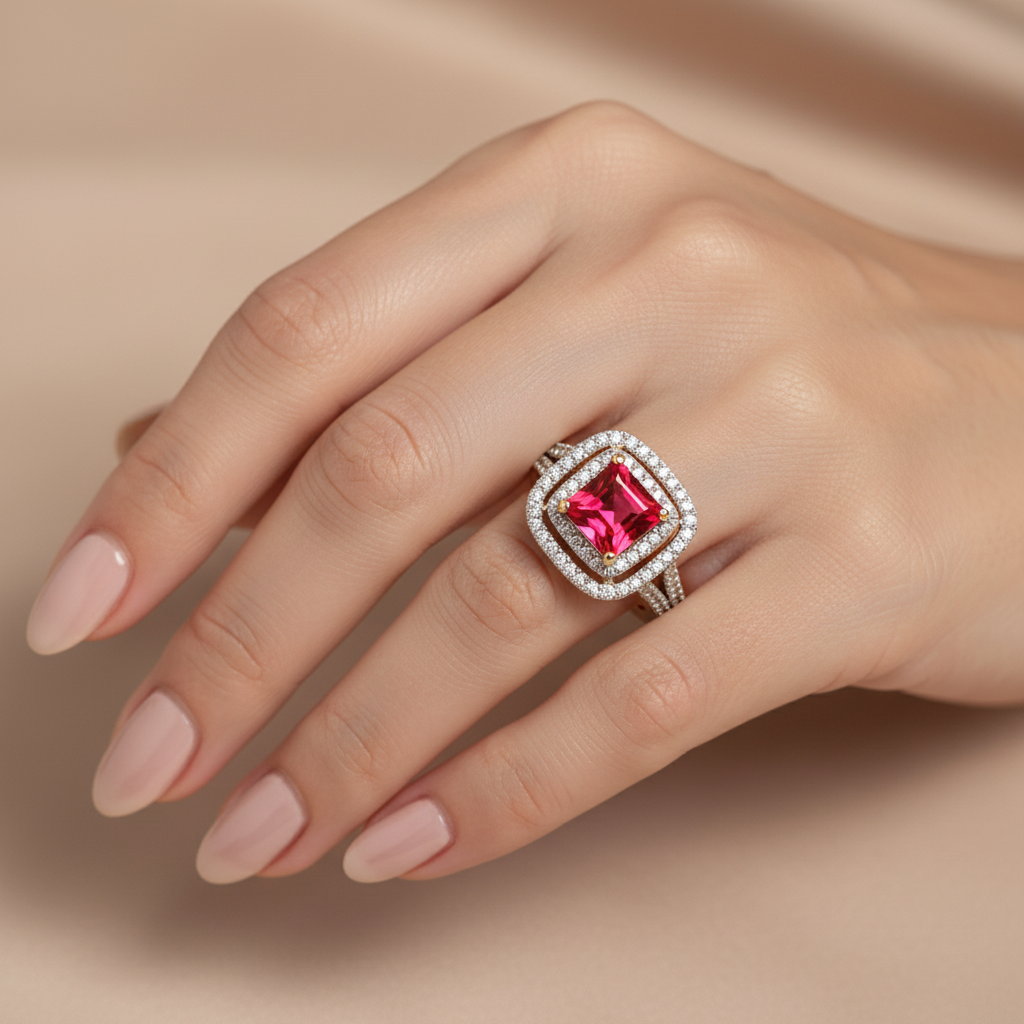 A 9ct Yellow Gold Ruby Cz Ring.