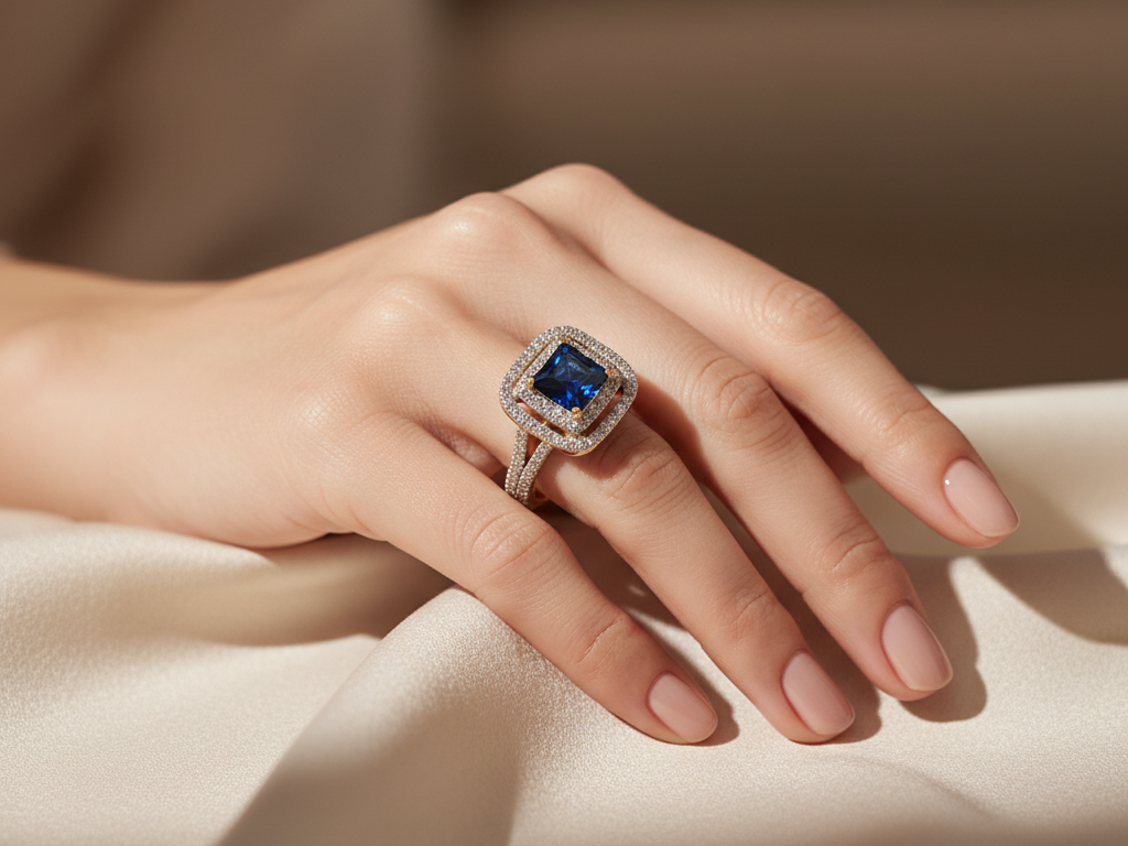 A 9ct Yellow Gold Sapphire Cz Ring.