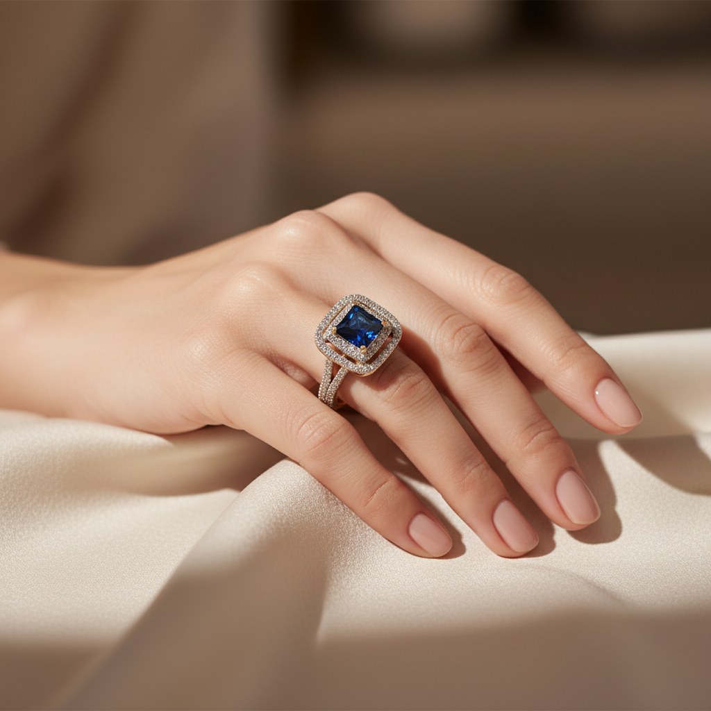 A 9ct Yellow Gold Sapphire Cz Ring.