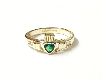 9 CT Yellow Gold Green Cz Claddagh Ring