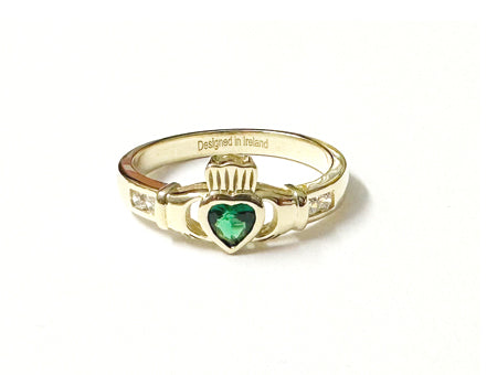 9 CT Yellow Gold Green Cz Claddagh Ring