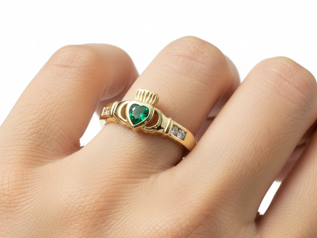 9 CT Yellow Gold Green Cz Claddagh Ring