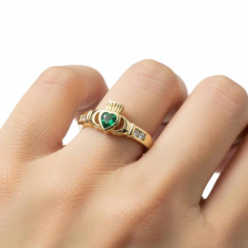 9 CT Yellow Gold Green Cz Claddagh Ring