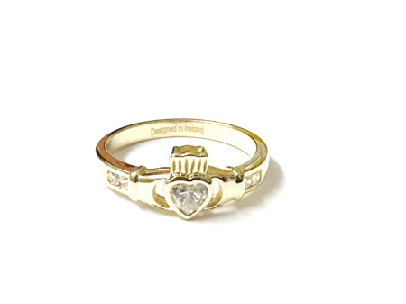 9 CT Yellow Gold White Cz Claddagh Ring