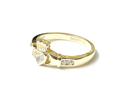 9 CT Yellow Gold White Cz Claddagh Ring