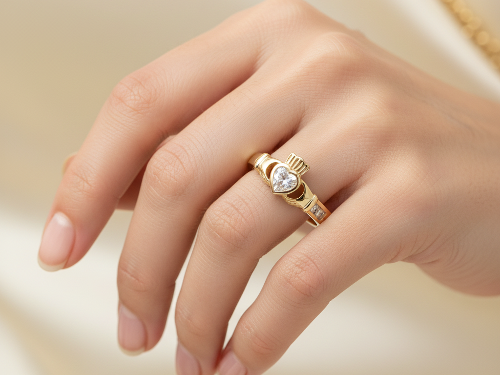 9 CT Yellow Gold White Cz Claddagh Ring