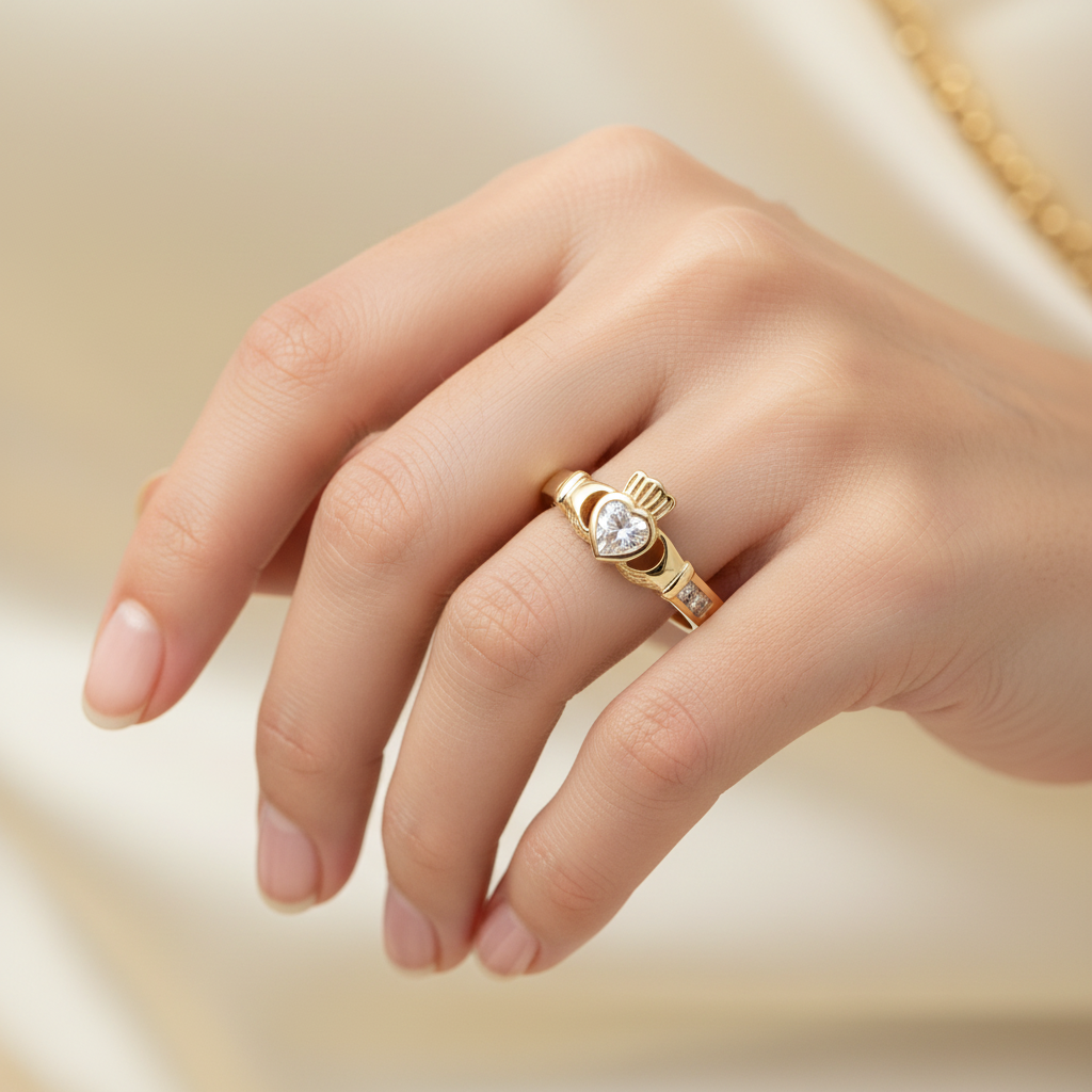 9 CT Yellow Gold White Cz Claddagh Ring