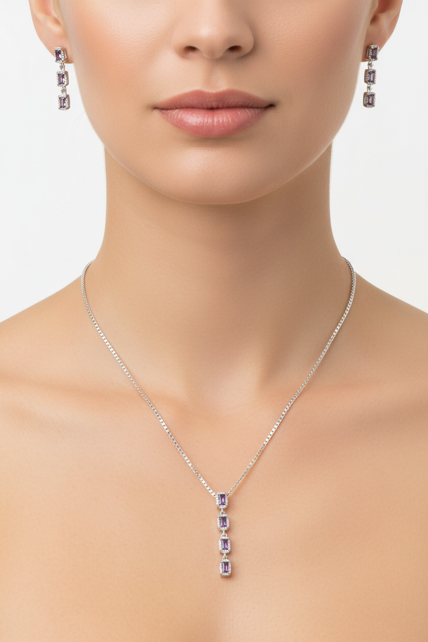 Amethyst Cubic Zirconia Silver Necklace And Earring Set