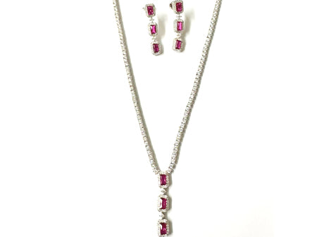 Ruby Cubic Zirconia Silver Necklace And Earring Set