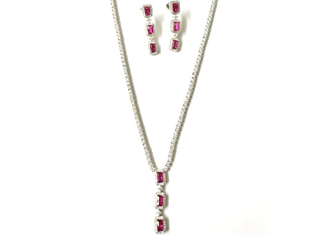 Ruby Cubic Zirconia Silver Necklace And Earring Set