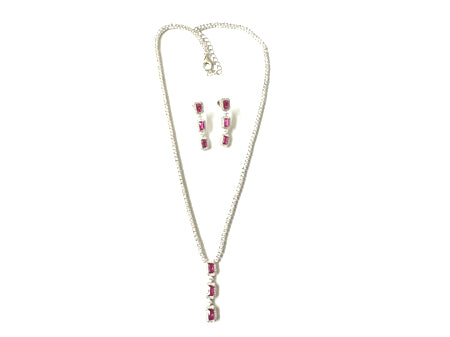 Ruby Cubic Zirconia Silver Necklace And Earring Set