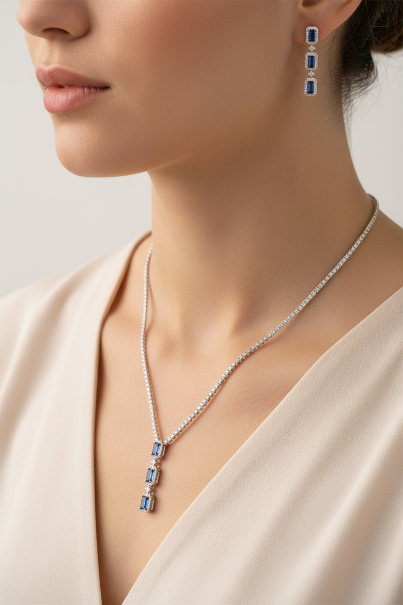 Sapphire Cubic Zirconia Silver Necklace And Earring Set