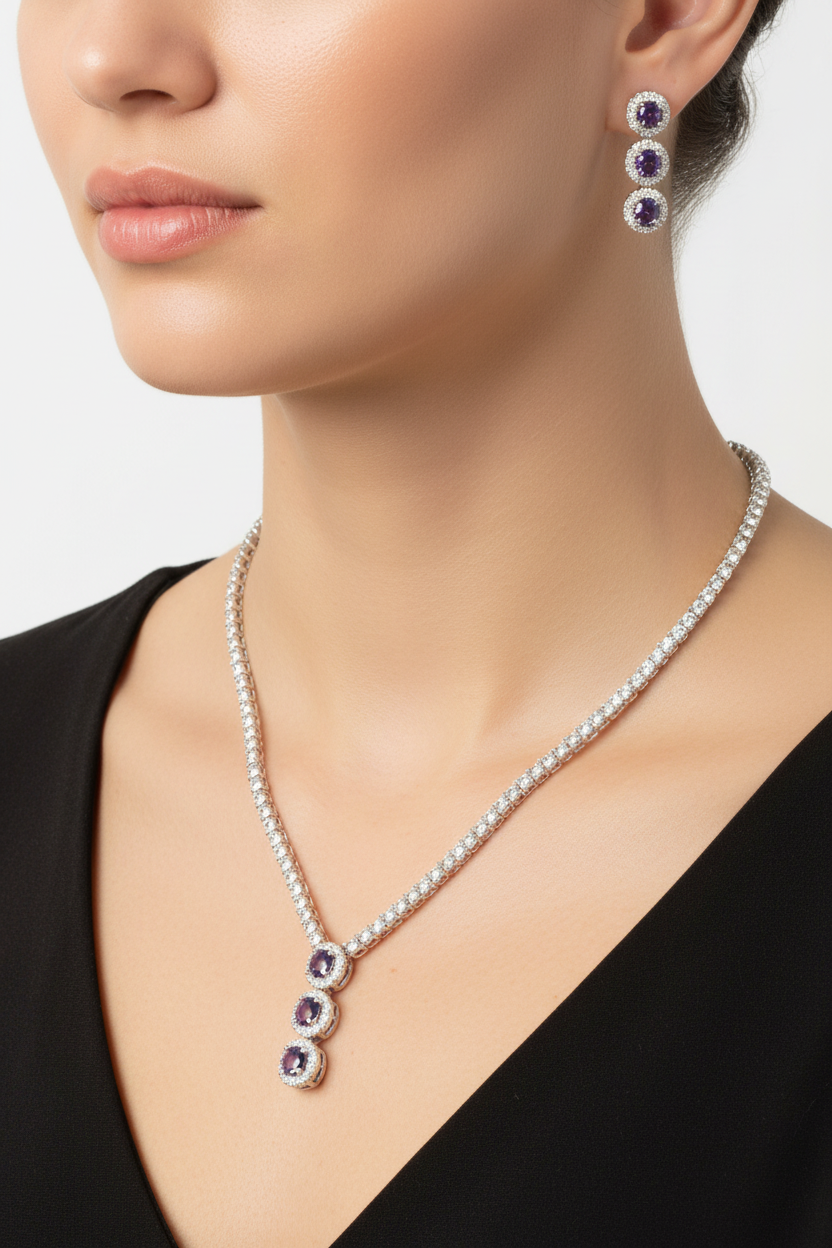Amethyst Cubic Zirconia Silver Necklace And Earring Set