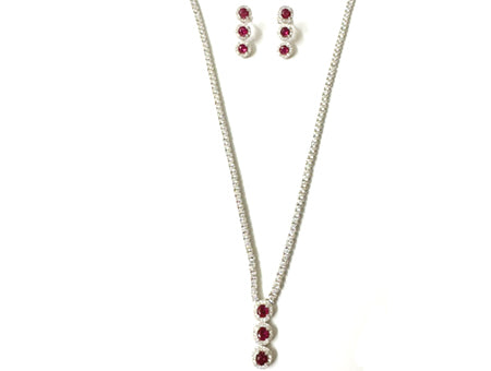 Ruby Cubic Zirconia Silver Necklace And Earring Set