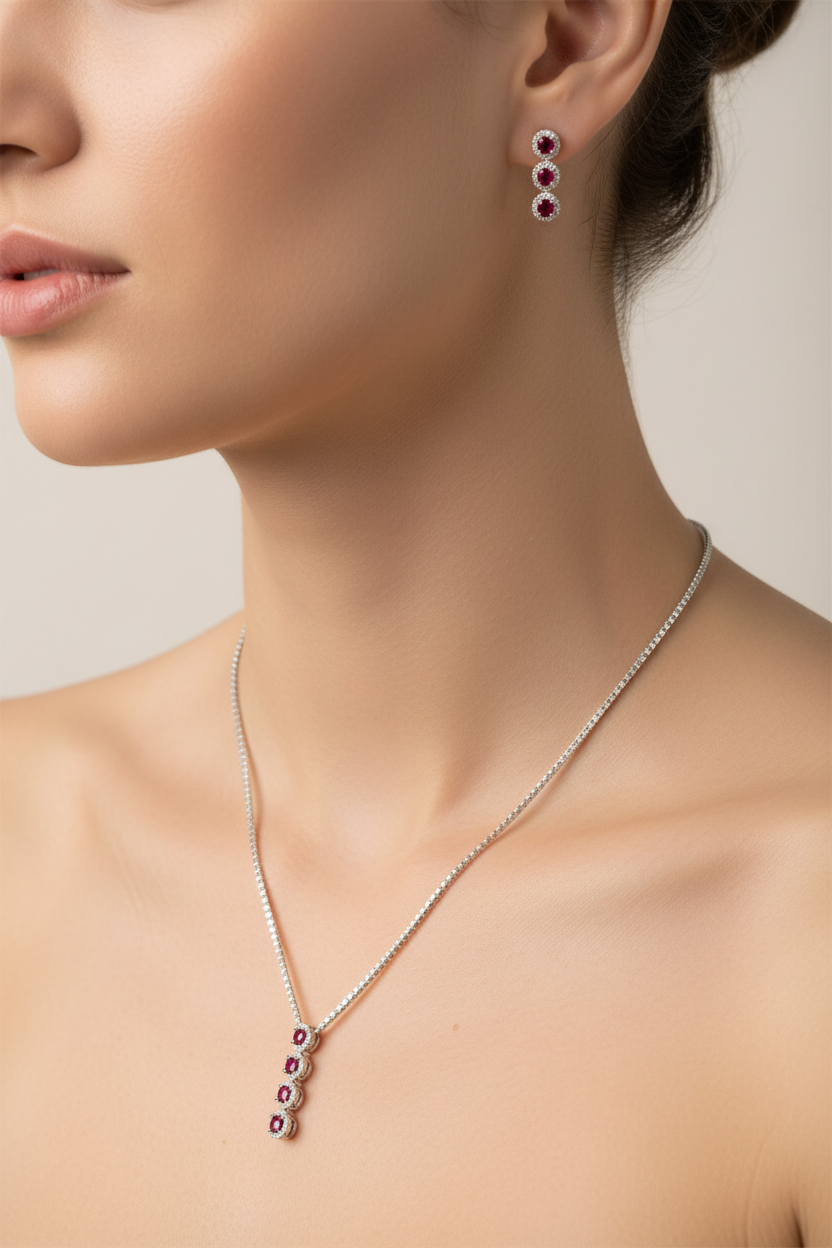 Ruby Cubic Zirconia Silver Necklace And Earring Set