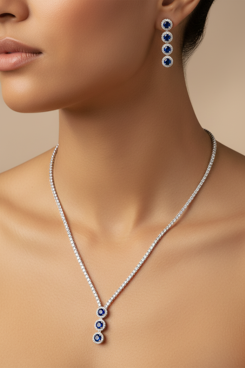 Sapphire Cubic Zirconia Silver Necklace And Earring Set