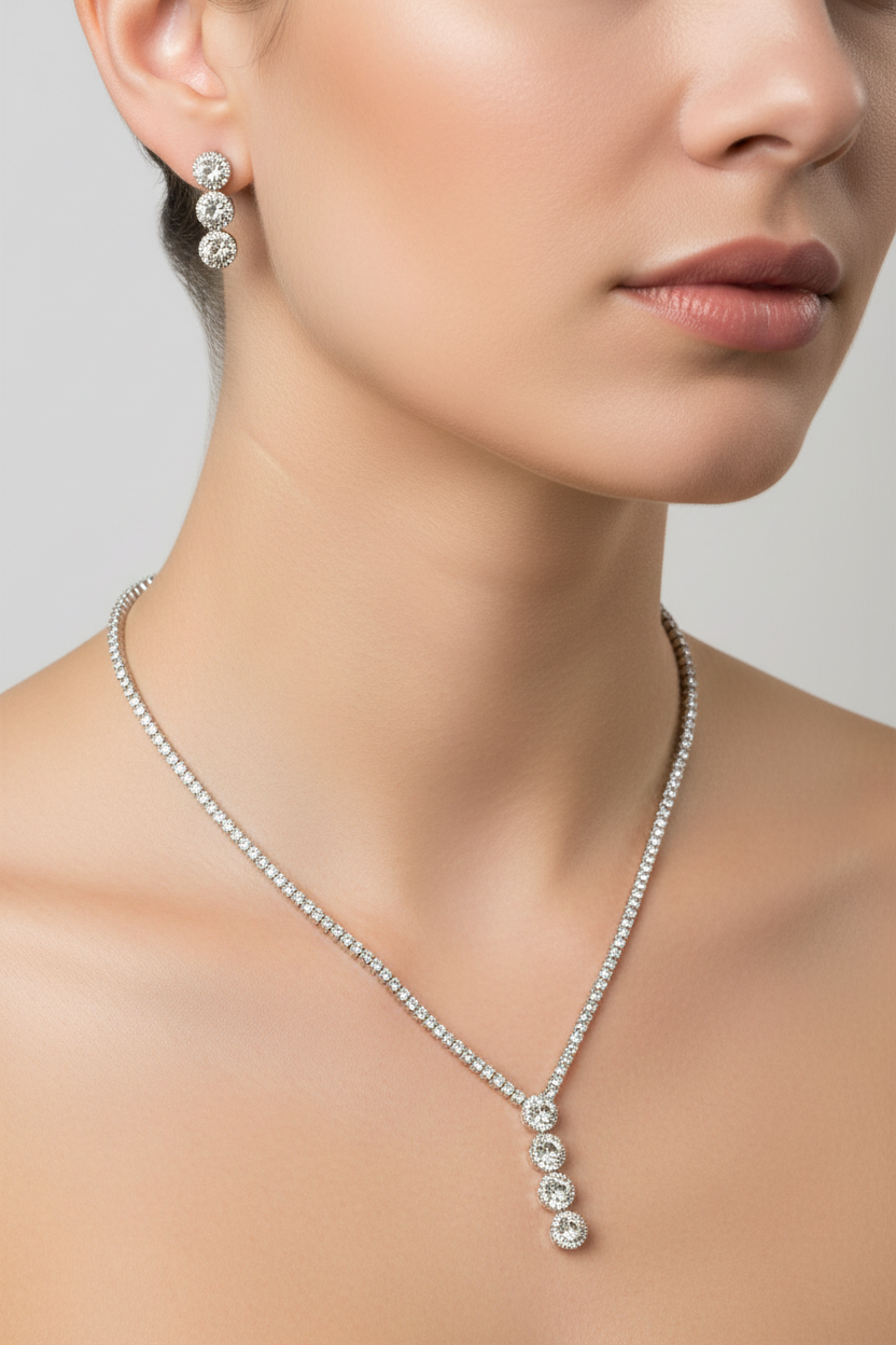 White Cz Silver Necklace And Earring Set